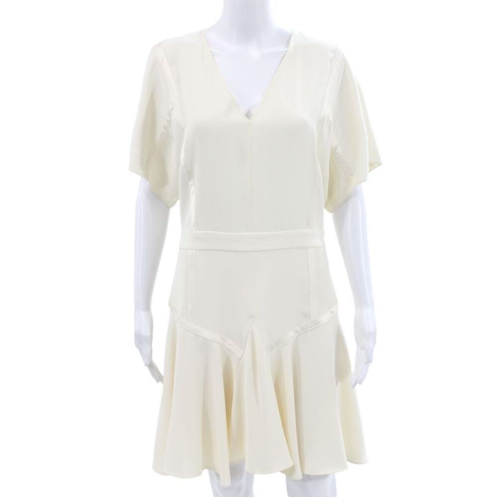 Halston Heritage Womens Fit & Flare V-Neck Short Sleeve Beige Dress Size 8